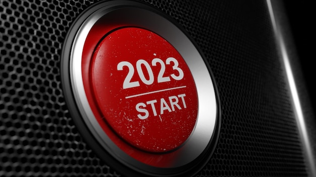 Start 2023 Happy New Year button 3D illustration