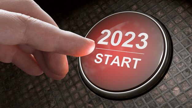 Start 2023 Happy New Year button 3D illustration