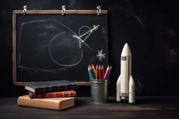 Start School Concept Supplies On Desk And Rocket Drawn On Blackboard