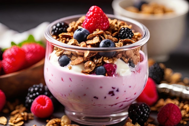 Start your day right with a healthy breakfast yogurt topped with granola and fresh berries