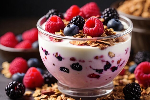 Start your day right with a healthy breakfast yogurt topped with granola and fresh berries