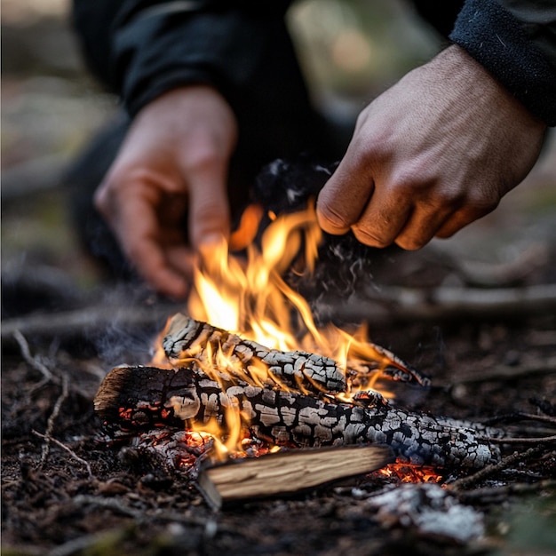 Photo starting a fire without modern tools showcasing techniques like using a fire starter flint or fri