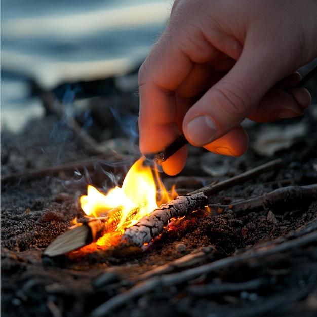 Photo starting a fire without modern tools showcasing techniques like using a fire starter flint or fri