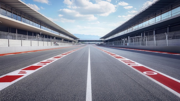 Photo starting grid of an empty racetrack perfectly aligned with numbered spots the stage is set for a thrilling race