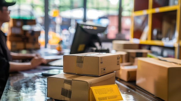 Starting small businesses SME owners man entrepreneurs Write the address on receipt box and check online orders to prepare to pack the boxes sell to customers sme business ideas online