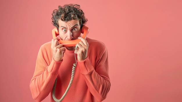 Photo startled man gripping a vintage telephone