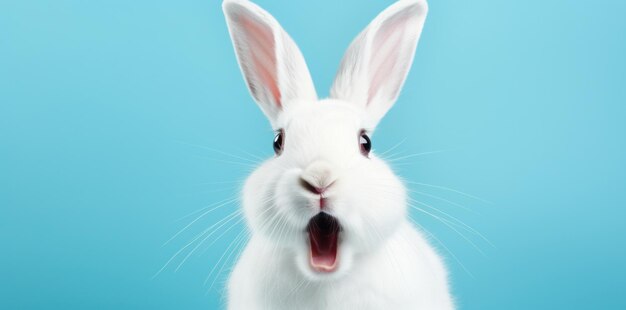 A startled white bunny against a tranquil blue background a whimsical nod to Easter