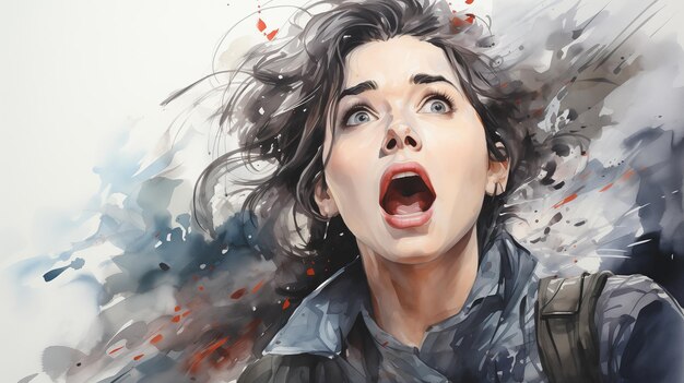 Photo startled woman with its mouth open ink and watercolour painting