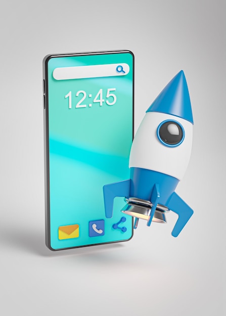 Startup Concept Blue Rocket Smartphone Launch Project Business 3D Render