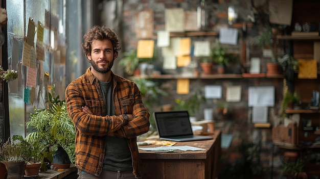 Photo startup founder working on business plan in trendy cafe