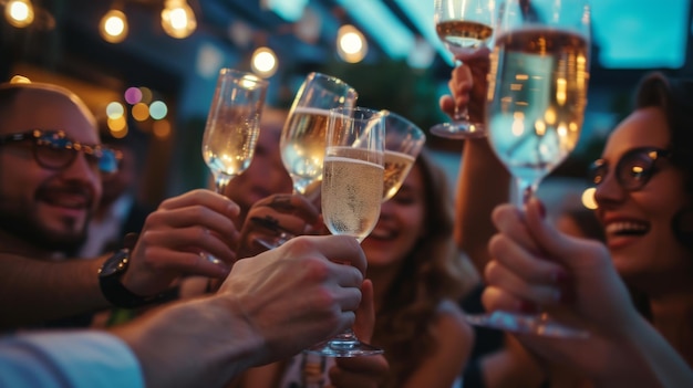 Startup team toasting with champagne after securing funding for their business