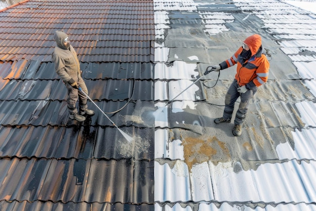 State of roof before and after washing with high pressure Professional is wearing uniform