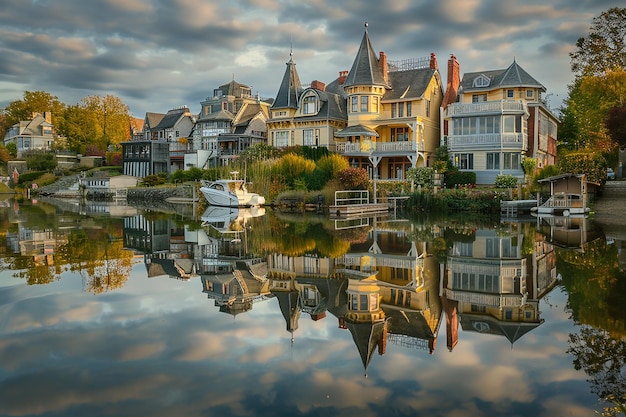 Photo stately mansions mirrored in a harbor at twilight breda