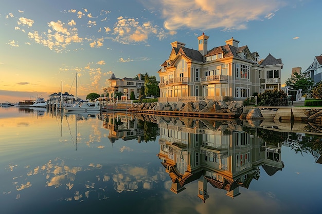 Photo stately mansions mirrored in a harbor at twilight breda