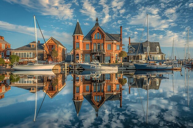 Photo stately mansions mirrored in a harbor at twilight breda