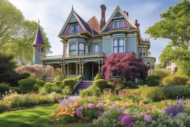 A stately victorian house with colorful gardens and blooming flowers