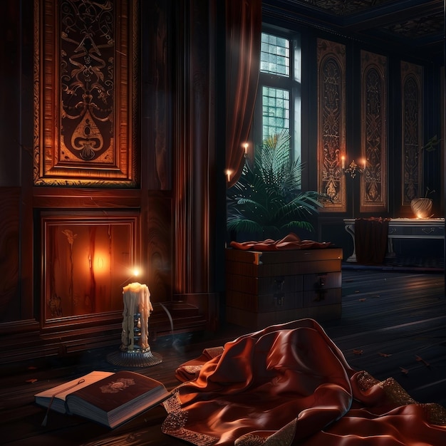 Photo stately victorian library at night with a lit candle candlestick and open book on the table