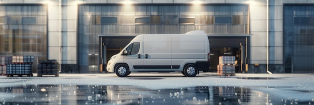 Photo stateoftheart cargo van outside a warehouse showcasing advanced design and efficiency