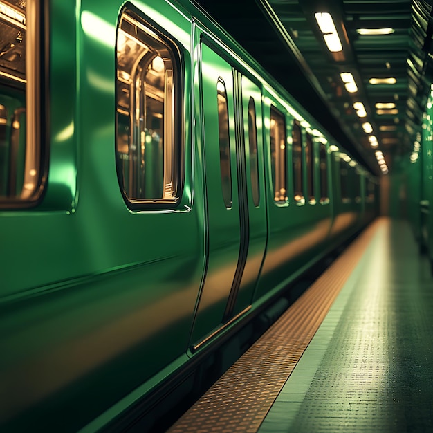 Stationary Green Subway Train at Underground Platform