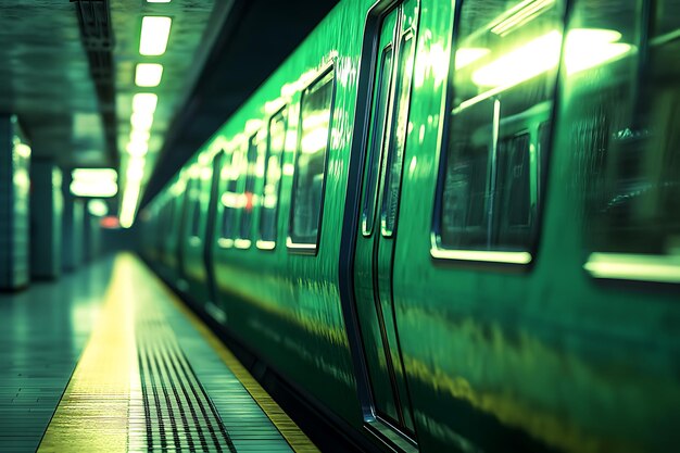 Stationary Green Subway Train at Underground Platform