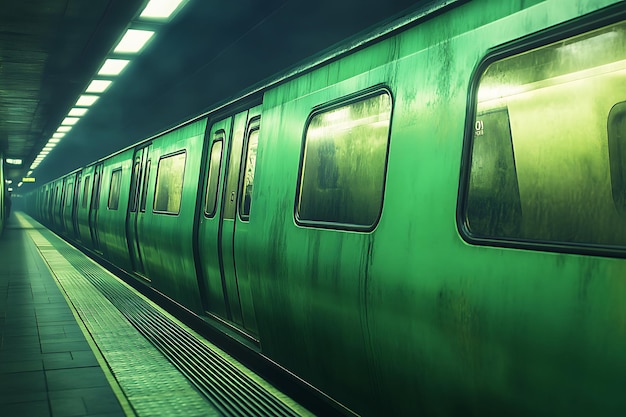 Stationary Green Subway Train at Underground Platform