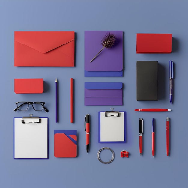 stationery branding kit red purple blue top angle