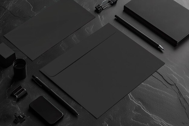 Photo stationery branding mockup template with dark surface by real photography