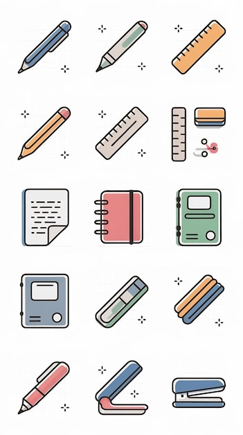 Stationery flat line icons set based on 64px grid editable stroke vector eps10 illustration