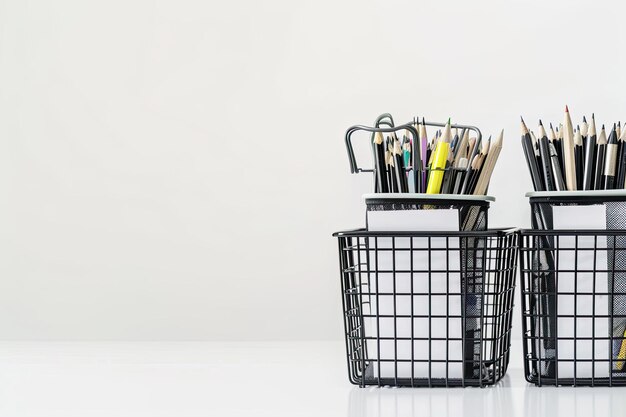 Photo stationery items are in black steel baskets and isolated on a white or white background