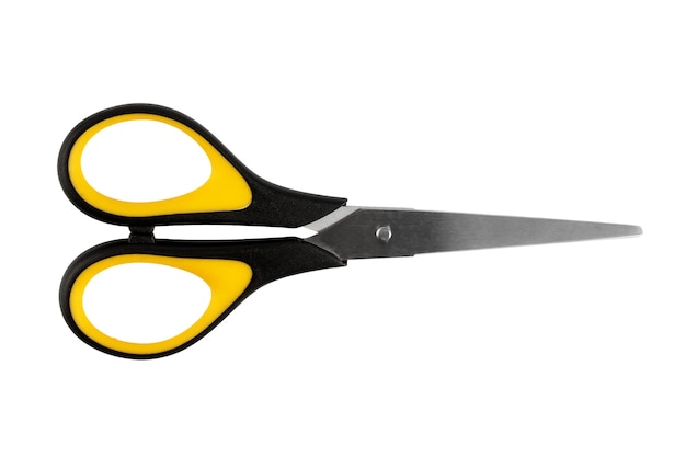 stationery paper cutting scissors with yellow handles isolate on a white background