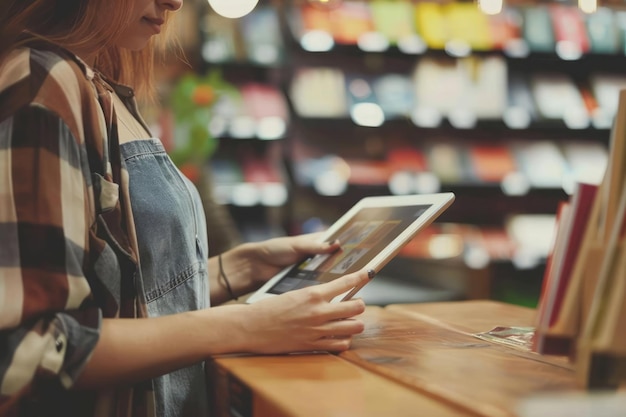 A stationery seller using a tablet to show a customer additional options for custom stationery integrating technology into the personalized shopping experience with a modern store setting