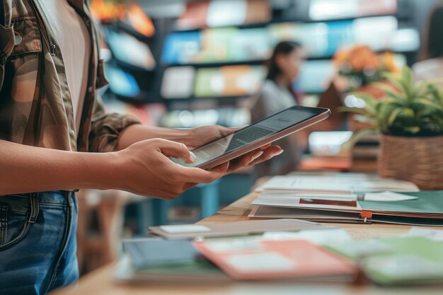 Photo a stationery seller using a tablet to show a customer additional options for custom stationery