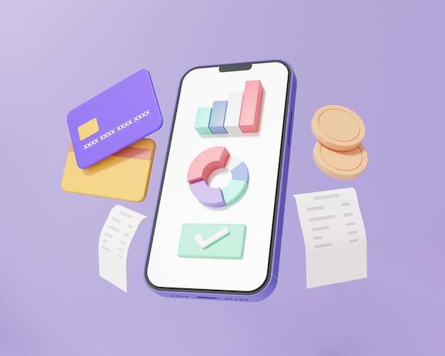 Statistics grow pay money via app mobile Internet banking online payments bill card and coins floating on purple background exchange transfer concept cartoon minimal 3d render illustration