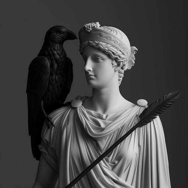 Photo the statue of the ancient greek goddess athena with a black raven