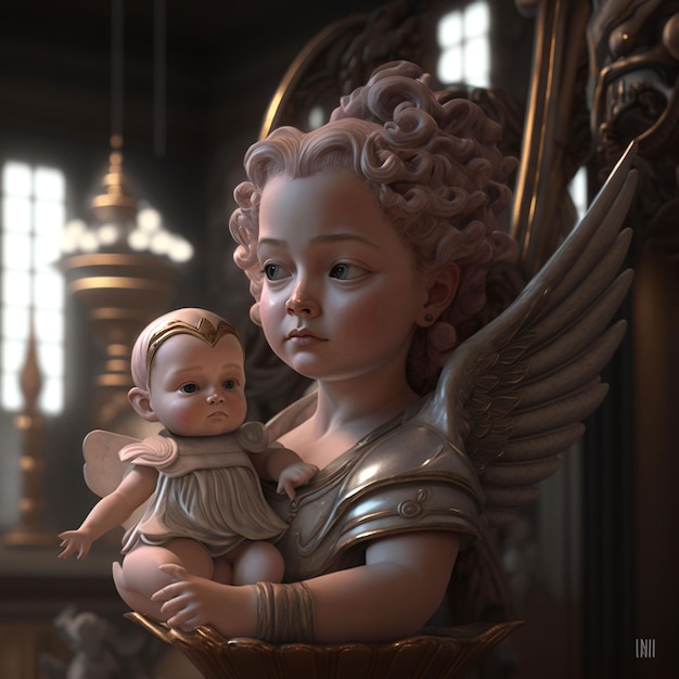 A statue of an angel holding a baby doll in a basket.