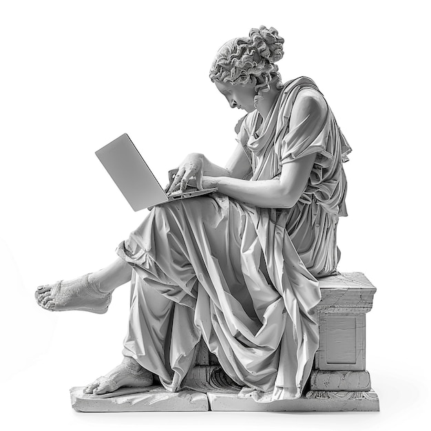 Photo a statue of an angel reading a book with a laptop