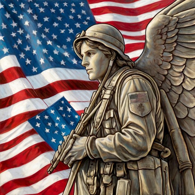 a statue of an angel with an american flag in the background