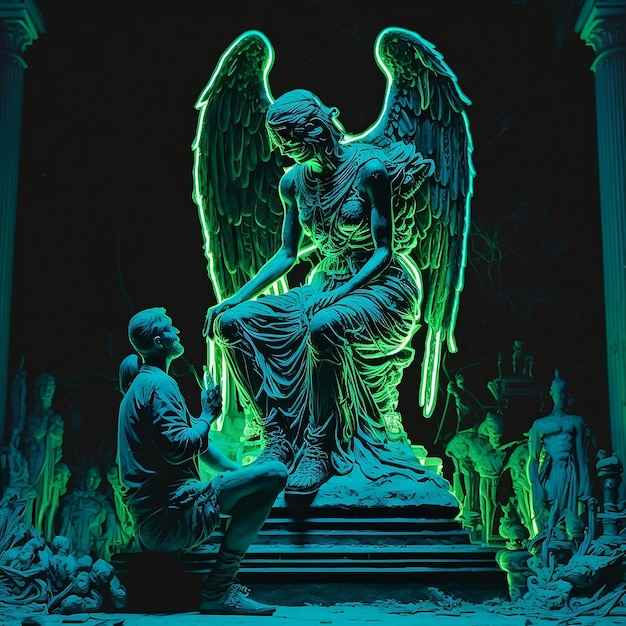 A statue of a angel with green lights on it