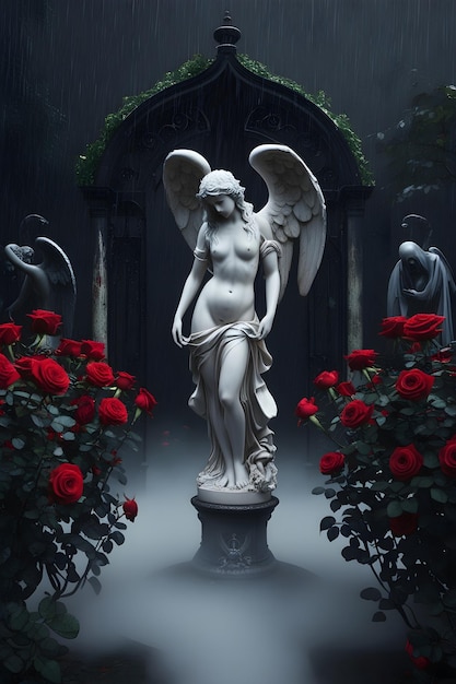 Photo a statue of an angel with a red rose bush in the background