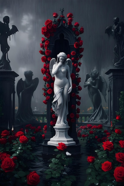 a statue of an angel with roses in the background