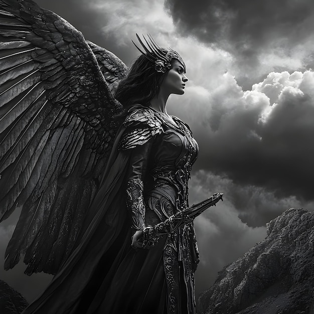 Photo a statue of an angel with a sword in her hand is shown in black and white