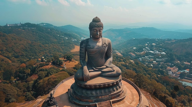 a statue of author sits on a mountain overlooking a city