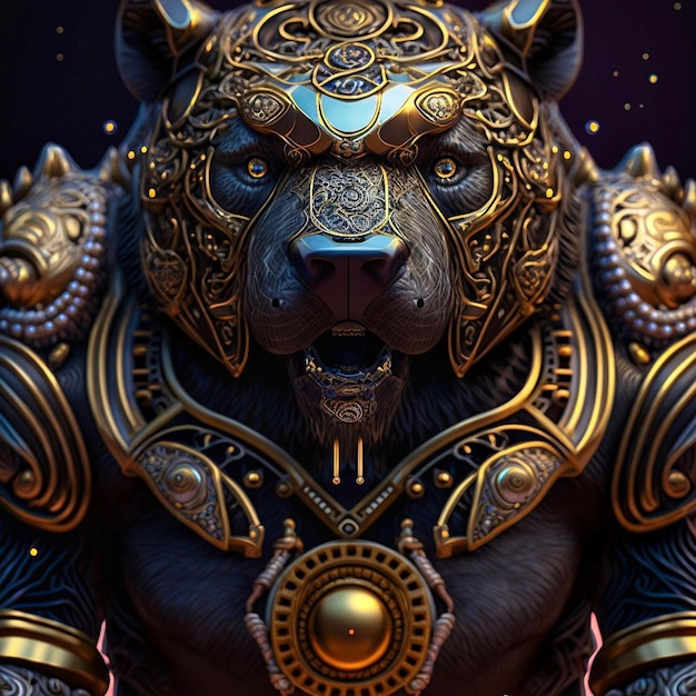 A statue of a bear with gold and silver designs and a gold chain.