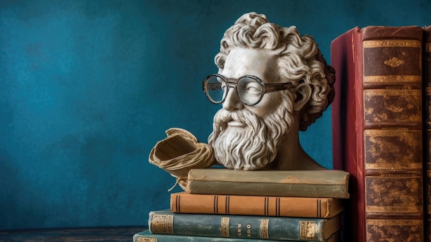 a statue of a bearded man with glasses on top of books