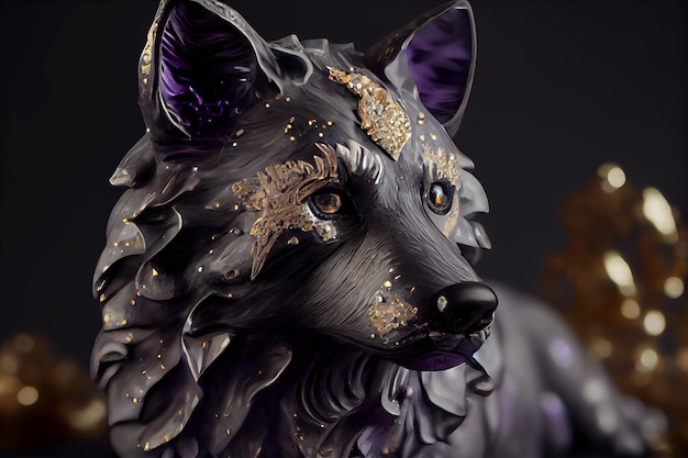 A statue of a black wolf with gold embellishments on its face.