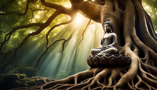 Photo statue of buddha amidst tree roots