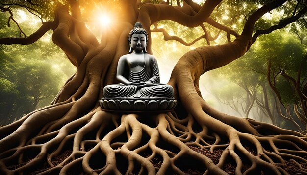 Statue of buddha amidst tree roots