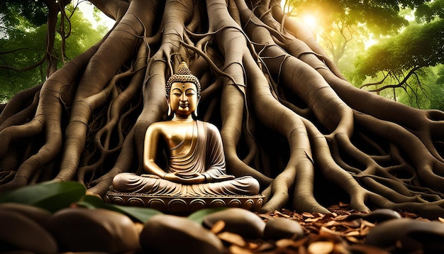 Statue of buddha amidst tree roots