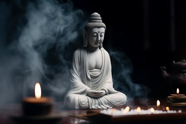 A statue of the Buddha and incense burning Incense smoke in the dark atmosphere Buddhism and its deities Generative AI technology