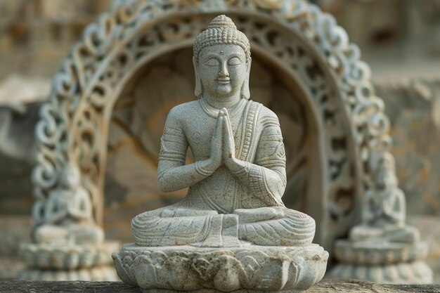 a statue of buddha is sitting on a stone pedestal